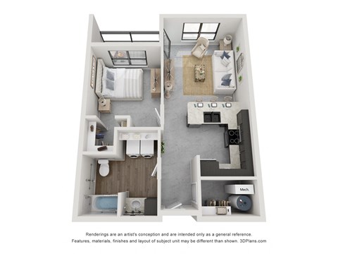 A 3D floor plan of a small apartment with two bedrooms, a living room, and a kitchen.